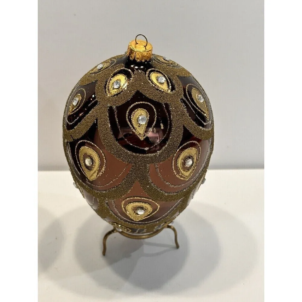 Vintage Hand Blown & Painted Glass Egg Christmas Ornament Diamond Glitter Set 2